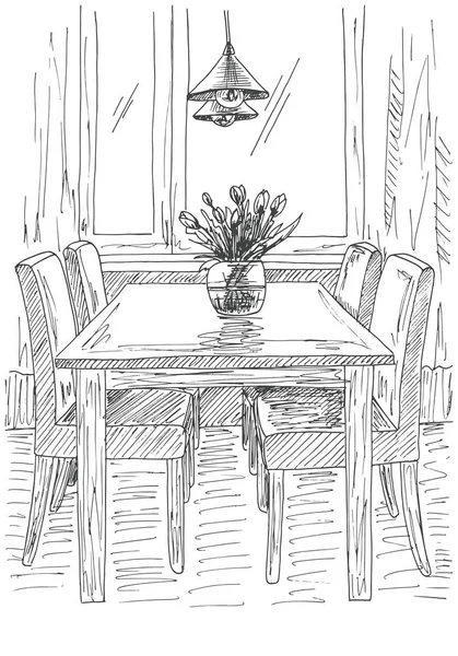 Tisch und Stühle. auf der Tischvase mit Blumen. Vektorillustration. Handgezeichnet. — Stockvektor