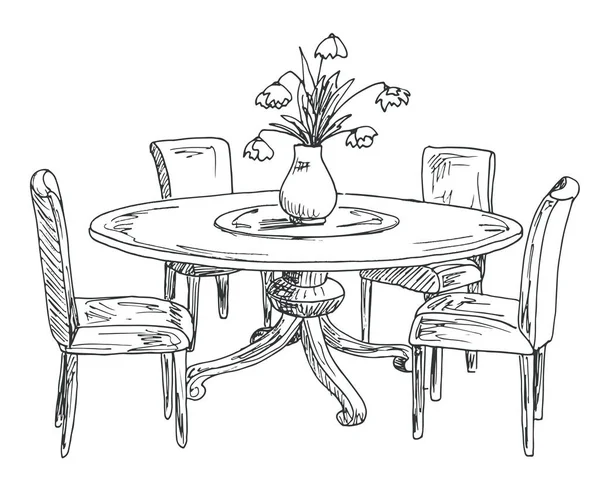 Parte da sala de jantar. Mesa redonda e cadeiras.No vaso de mesa de flores. Desenho desenhado à mão.Ilustração vetorial . — Vetor de Stock