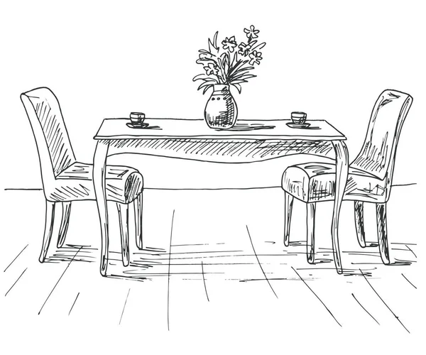 Mesa y sillas. En el florero de la mesa de flores. Ilustración vectorial. Dibujado a mano . — Archivo Imágenes Vectoriales