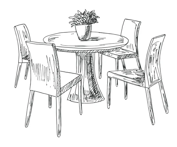 Parte del comedor. Mesa redonda y sillas. Sobre la mesa florero de flores. Dibujo dibujado a mano.Ilustración vectorial . — Vector de stock