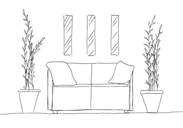 Parte de la habitación. Sofá, plantas en macetas y una imagen en la pared. Dibujo dibujado a mano. Ilustración vectorial . — Vector de stock