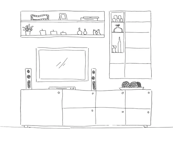 Met de hand getekend. Lineaire schets van het interieur. Boekenkast, dressoir met TV en planken. Vectorillustratie — Stockvector