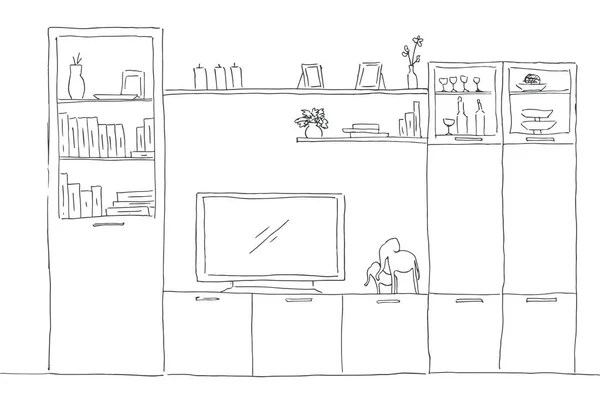 Sketsa gambar tangan. Sketsa Linear interior. Bookcase, lemari dengan TV dan rak. Ilustrasi vektor - Stok Vektor