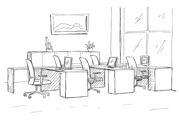 Open Space office. Werkplekken in openlucht. Tafels, stoelen en windows. Vectorillustratie in de stijl van een schets. — Stockvector