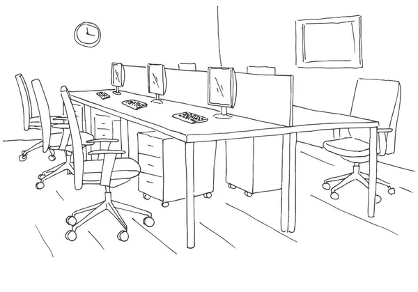 Ανοιχτό χώρο στο γραφείο. Θέσεις εργασίας σε εξωτερικούς χώρους. Τραπέζια, καρέκλες και windows. Εικονογράφηση διάνυσμα σε ένα στυλ σκίτσο. — Διανυσματικό Αρχείο