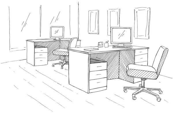 Açık alan ofis. İşyerleri açık havada. Masa, sandalye ve windows. Vektör çizim bir kroki tarzı.
