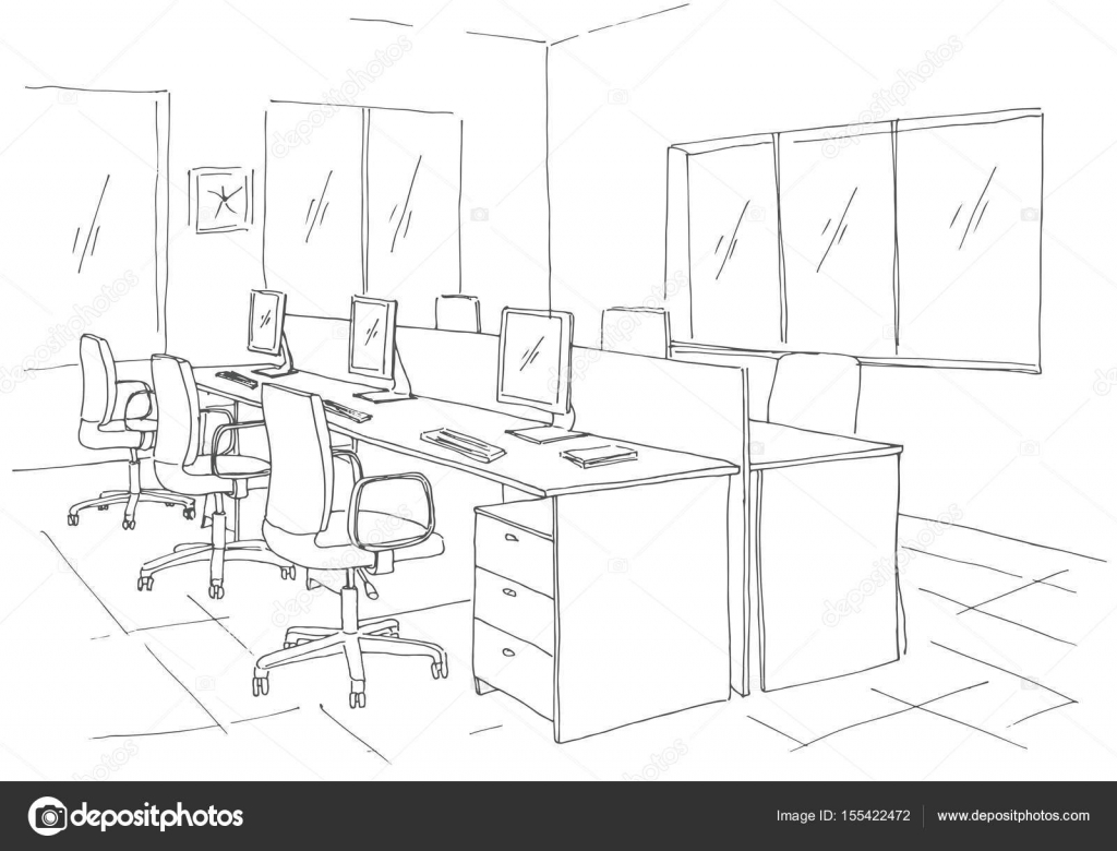 Open Space office. Workplaces outdoors. Tables, chairs and windows. Vector  illustration in a sketch style. Stock Vector by ©.com  #155422472