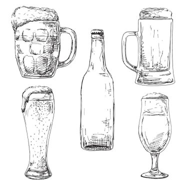 Bir şişe bira, farklı gözlük ve bira kupaları. Bir kroki stil vektör çizim.