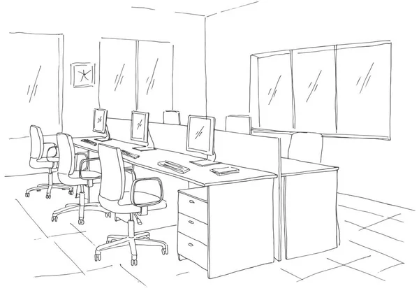 Açık alan ofis. İşyerleri açık havada. Masa, sandalye ve windows. Vektör çizim bir kroki tarzı.