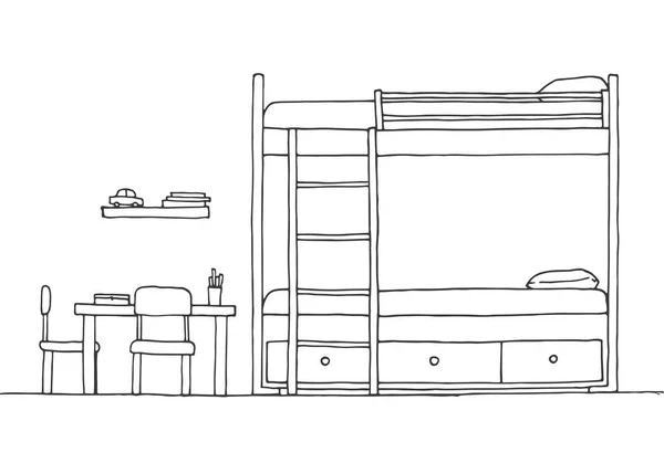 Quarto de crianças. Mobiliário infantil. Beliche, mesa e duas cadeiras. Ilustração vetorial desenhada à mão de um estilo de esboço . — Vetor de Stock