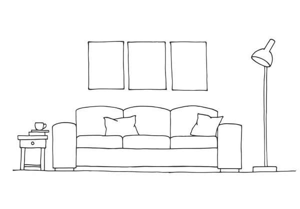 Schizzo lineare di un interno. Piano della stanza. Illustrazione vettoriale. Schizzo lineare degli interni . — Vettoriale Stock