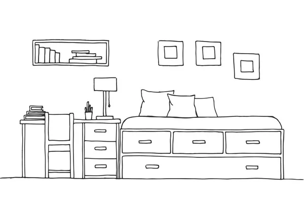 Kamar anak-anak. furnitur anak-anak. Tempat tidur, meja dan kursi. Ilustrasi vektor gambar tangan dari gaya sketsa . - Stok Vektor