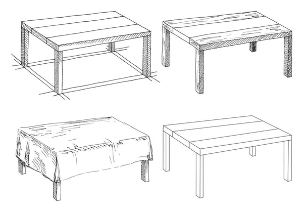 Skiss ställa enstaka möbler. Olika tabeller. Linjär svart bord på en vit bakgrund. Vektorillustration. — Stock vektor