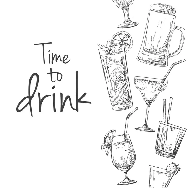 Hintergrund mit verschiedenen Cocktails. Bildunterschrift: Zeit zum Trinken. Platzieren Sie Ihren Text. Vektor-Illustration eines Skizzenstils. — Stockvektor