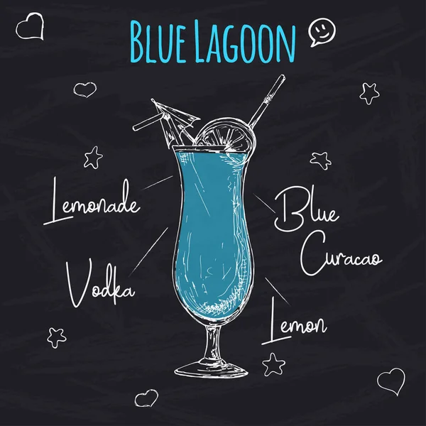 Receta sencilla para un cóctel alcohólico Blue Lagoon. Dibujando tiza en una pizarra. Ilustración vectorial de un estilo de boceto . — Archivo Imágenes Vectoriales