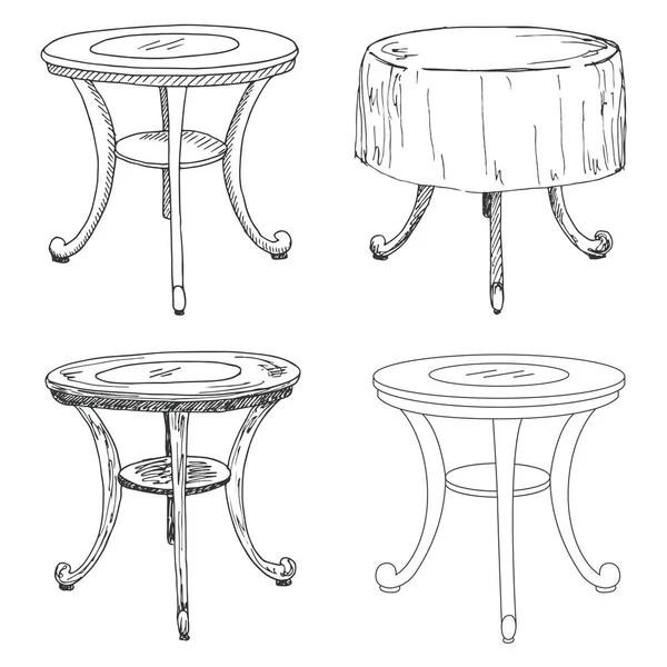 Ensemble de croquis meubles isolés. Différentes tables. Tables noires linéaires sur fond blanc. Illustration vectorielle . — Image vectorielle