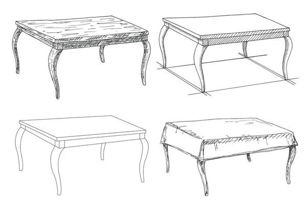 Skiss ställa enstaka möbler. Olika tabeller. Linjär svart bord på en vit bakgrund. Vektorillustration. — Stock vektor