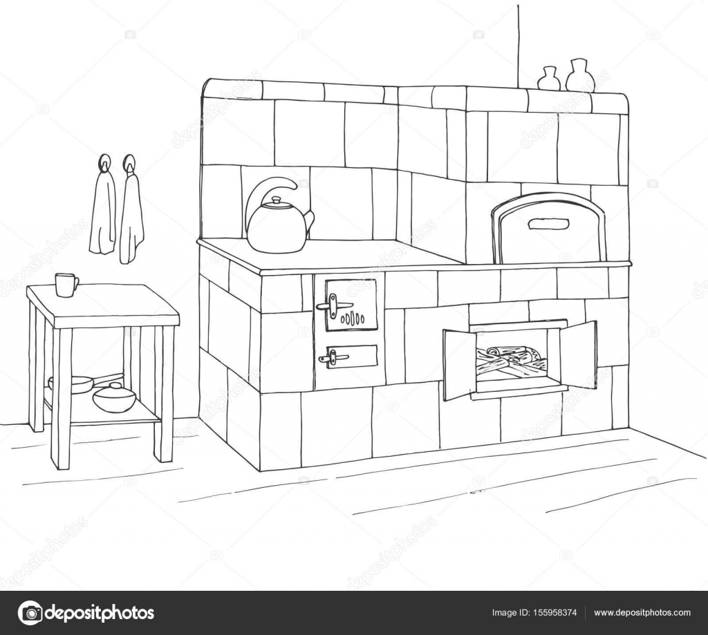 Kachelofen In Einer Ecke Vektor Illustration Im Stil Sketch
