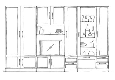 Retro duvar ünitesi. Bir kroki tarzı çizilmiş vektör çizim el.