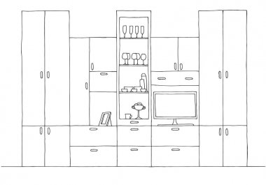 Retro duvar ünitesi. Bir kroki tarzı çizilmiş vektör çizim el.