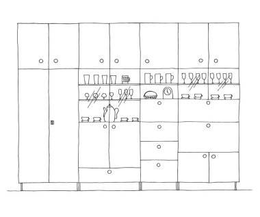Retro duvar ünitesi. Bir kroki tarzı çizilmiş vektör çizim el.