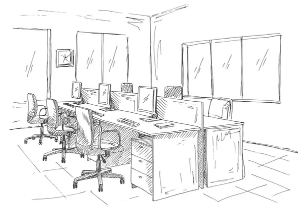 Ufficio Open Space. Luoghi di lavoro all'aperto. Tavoli, sedie e finestre. Illustrazione vettoriale in stile schizzo . — Vettoriale Stock