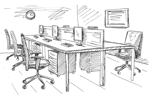 Açık alan ofis. İşyerleri açık havada. Masa, sandalye ve windows. Vektör çizim bir kroki tarzı.