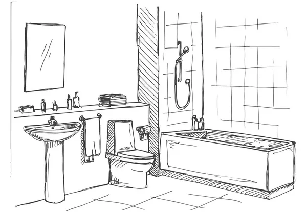 Handgezeichnete Skizze. lineare Skizze eines Innenraums. Teil des Bades. Vektorillustration — Stockvektor