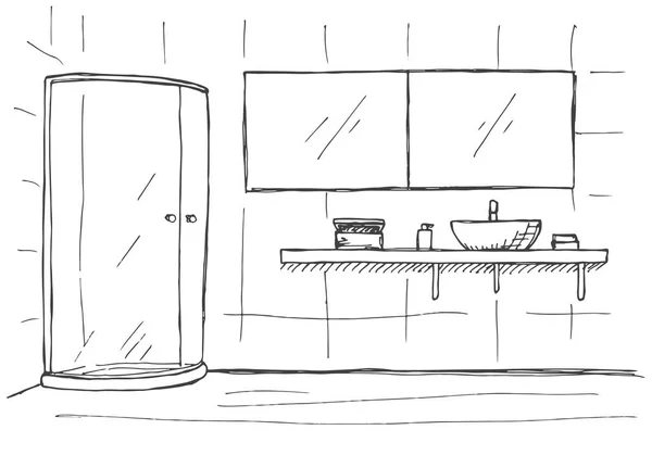 Dibujo lineal dibujado a mano de un interior. Parte del baño. Ilustración vectorial — Archivo Imágenes Vectoriales