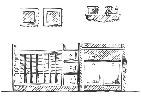 子供部屋。子供用家具。ベビーベッドは、テーブルを変更します。スケッチ スタイルの描画ベクトル イラストを手します。. — ストックベクタ