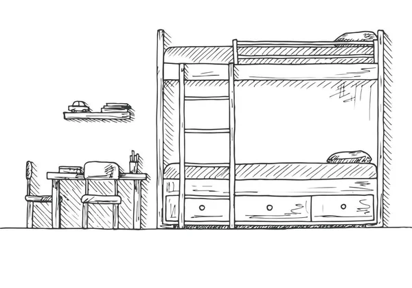 Kinderzimmer. Kindermöbel. Etagenbett, Tisch und zwei Stühle. Handgezeichnete Vektorillustration eines Skizzenstils. — Stockvektor