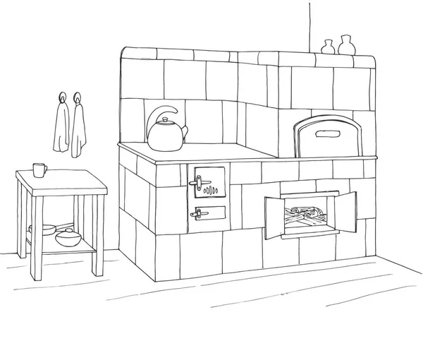 Tiled stove in a corner. Vector illustration in sketch style — Stock Vector