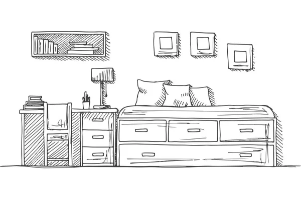 子供部屋。子供用家具。ベッド、テーブルと椅子。スケッチ スタイルの描画ベクトル イラストを手します。. — ストックベクタ