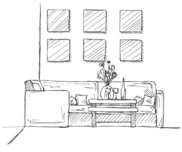 Esboço linear de um interior. Plano de quarto. Ilustração vetorial desenhada à mão de um estilo de esboço . —  Vetores de Stock