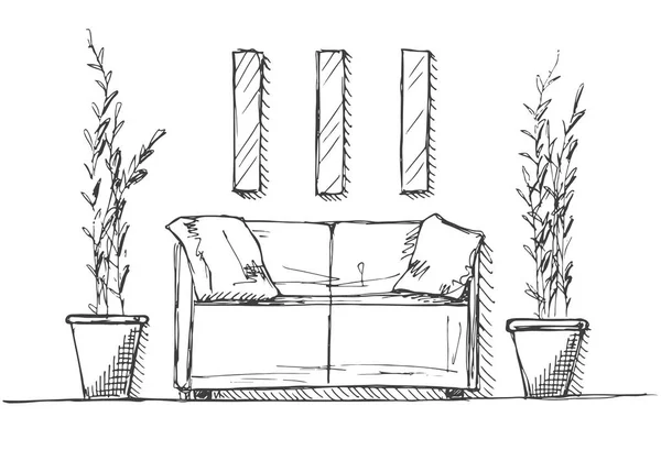 Une partie de la pièce. Canapé, plantes en pots et une photo sur le mur. Croquis linéaire d'un intérieur. Plan de chambre. Illustration vectorielle dessinée à la main d'un style de croquis . — Image vectorielle