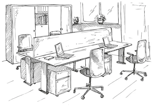 Open Space office. Workplaces outdoors. Tables, chairs and windows. Vector illustration in a sketch style. — Stock Vector