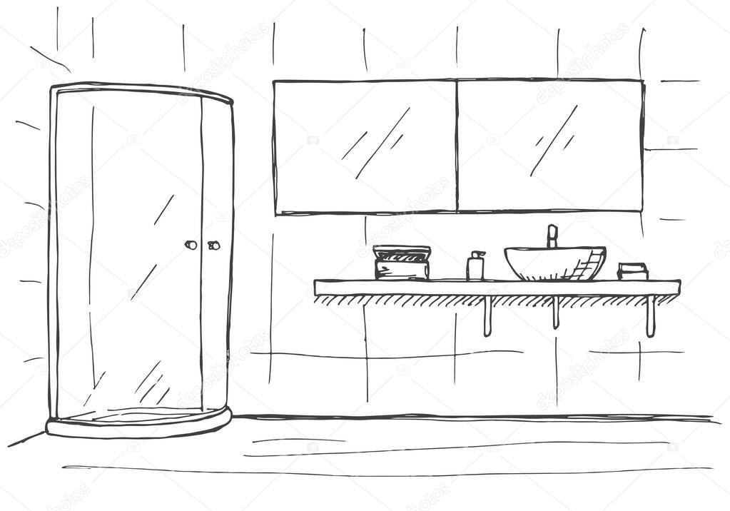 Hand drawn Linear sketch of an interior. Part of the bathroom. Vector illustration