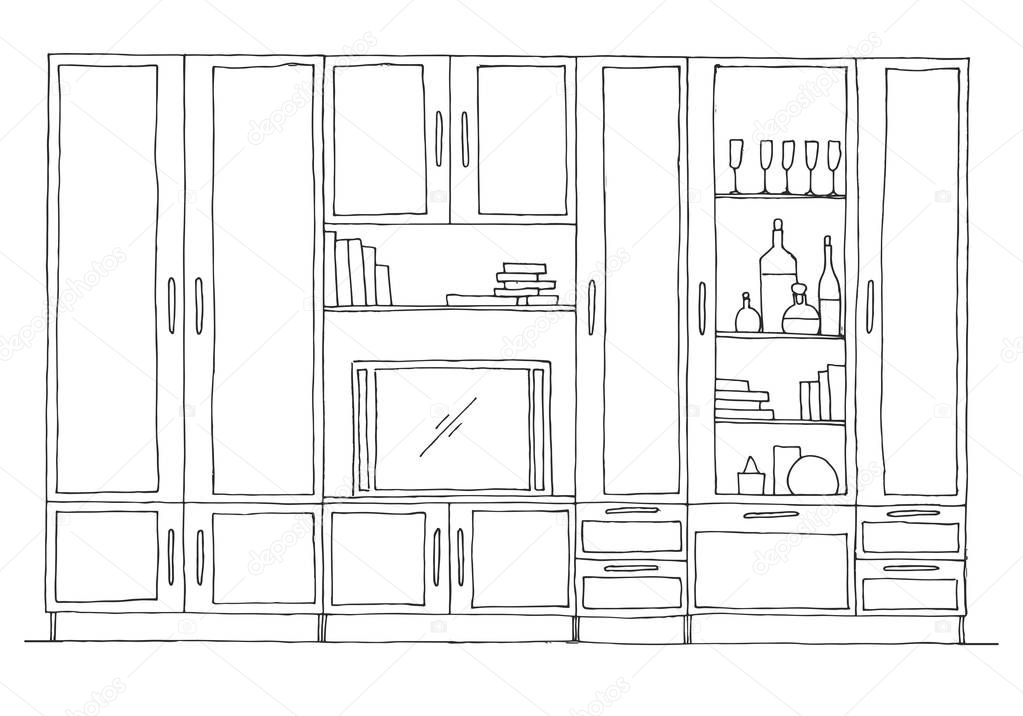 Retro wall unit. Hand drawn vector illustration of a sketch style.