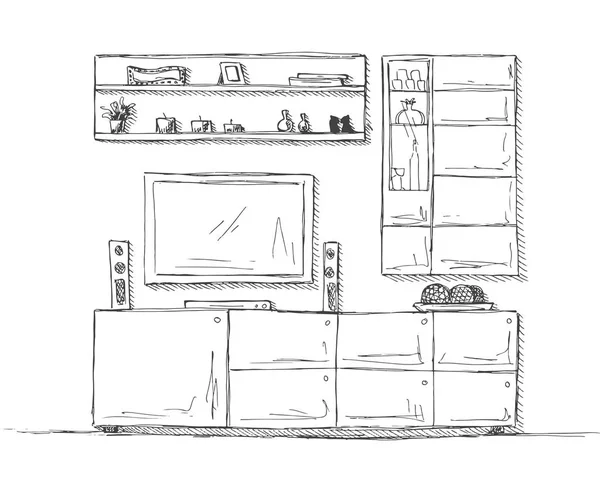 Hand drawn sketch. Linear sketch of the interior. Bookcase, dresser with TV and shelves. Vector illustration — Stock Vector