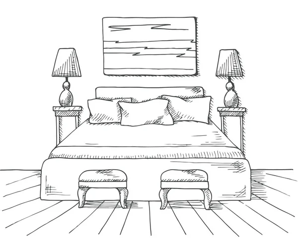 インテリアの手描きのスケッチ。ベッドルームのベクトル図を行します。. — ストックベクタ
