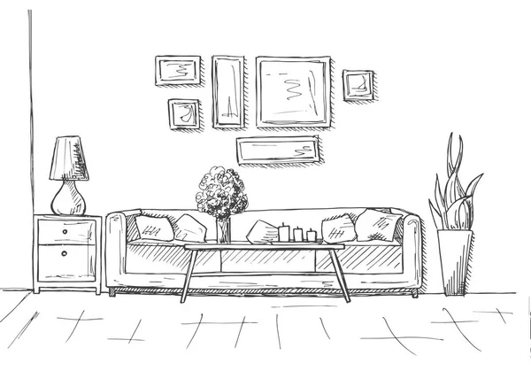 Croquis linéaire d'un intérieur. Illustration vectorielle dessinée à la main d'un style de croquis. — Image vectorielle