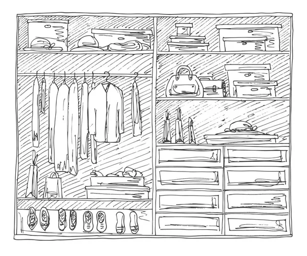 Roupeiro aberto com roupas nas prateleiras e cabides. Ilustração vetorial de um estilo de esboço . — Vetor de Stock