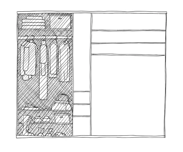 Roupeiro aberto com roupas nas prateleiras e cabides. Ilustração vetorial de um estilo de esboço . — Vetor de Stock