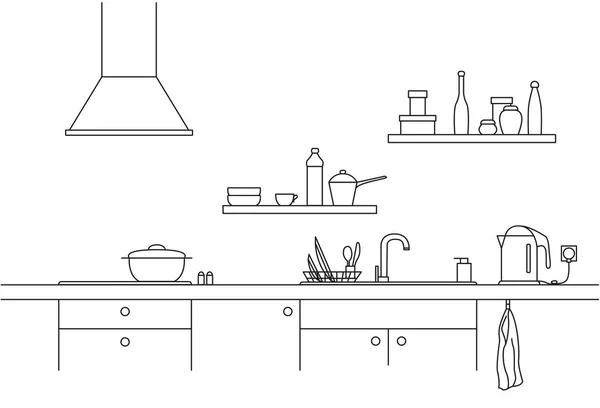 Fregadero. encimera de cocina con fregadero, campana de cocina y placa en estilo de línea . — Vector de stock