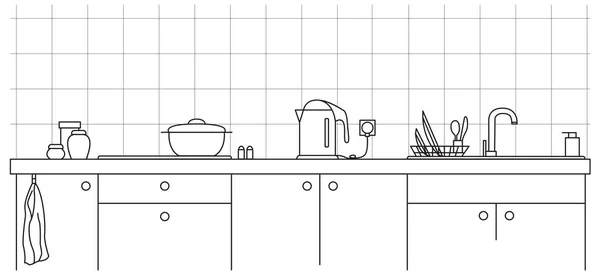 厨房的水槽。厨房台面与接收器和板的线条样式. — 图库矢量图片