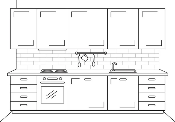 Кухонная мебель. Рисунок в стиле линии. Векторная иллюстрация. План кухни . — стоковый вектор