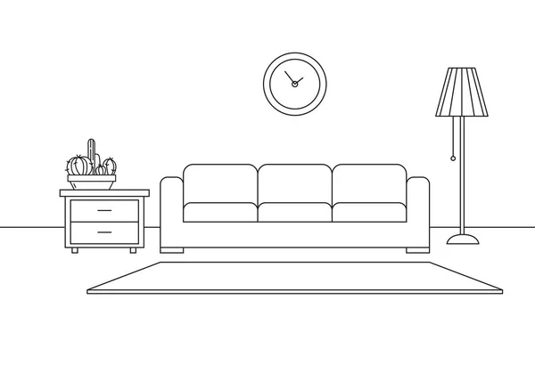 Intérieur moderne. Canapé, lampadaire et table de chevet. L'horloge est accrochée au mur. Devant le canapé se trouve un tapis. Illustration vectorielle dans un style linéaire . — Image vectorielle