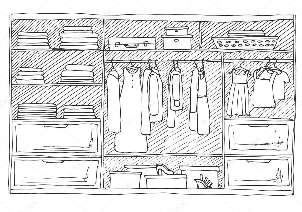 Open wardrobe with clothes on shelves and hangers. Vector illustration of a sketch style.