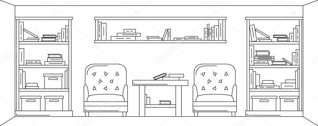 Two chairs, table, many of books, reading room. Vector illustration