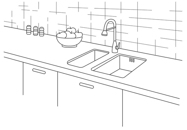台所の流し。線のスタイルのシンクとワークトップのキッチン。直線的なスタイルのベクトル図. — ストックベクタ